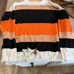 SHEIN Striped Crew Neck Sweater - Orange, Black, Cream